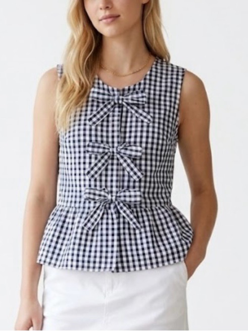 Vigoss Blue & White Gingham Bow Tie Closure Top